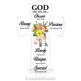 Inspirational Bible Verse Acrylic God Says You Are Sign Cross Standing,Christian Religious Gifts Flowers Acrylic Cross,Christian Jesus Gift for Women Men TableTop Desk Room Decor