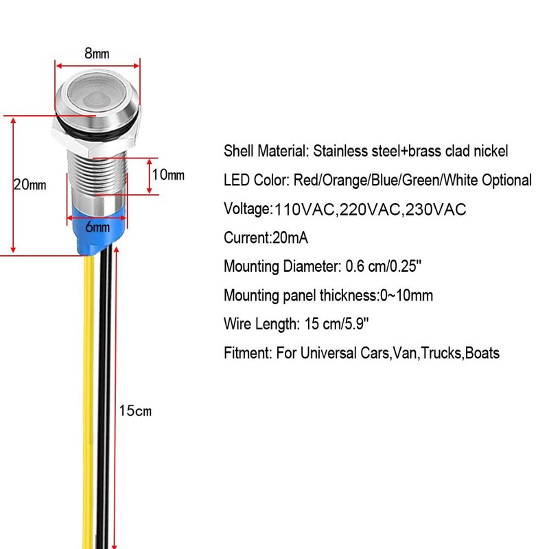 Gebildet 10pcs 6mm 1/4" 110V-220V AC LED Waterproof Metal Indicator