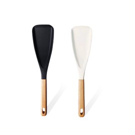 WJWINER 2 Stück Silikon Löffel, Multifunktionslöffel, Flexibel Spatel für Küche Mit Holzgriff, Silikon-Kochlöffel Servierlöffel für Antihaft-Kochgeschirr Kochen(Schwarz+Weiß)