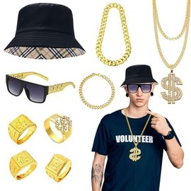 8Pcs 80s Hip Hop Accessories Set, 90s Hip Hop Rapper Star Fancy Dress Accessories with Hat Sunglasses Disco Gold Accessories for Women Men Hippie Party