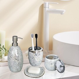 Escenzy Modern Silver Bathroom Accessories Sets 4 Pcs | Luxurious Soap Dispenser, Toothbrush Holder, Cotton Glass Jar, Soap Tray | Silver Bathroom Decor | Mosaic Glass Bathroom Accessories