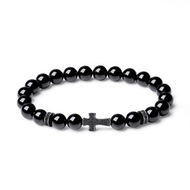 COAI Stone Beaded Black Tourmaline Bracelet for Men Women, Cross Bracelet, Religious Bracelet M