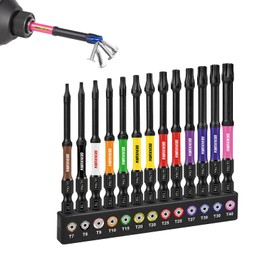GEINXURN 13-Piece Torx Screwdriver Bit Set, Impact-Resistant T7-T40, 75 mm Length, 1/4 Inch Hex Shank, S2 Alloy Steel, Magnetic Screwdriver Bit Set, Colour-Coded Base