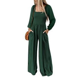 Dokotoo Womens Overalls Green Jumpsuits for Women Casual Loose Fit Solid Color Wide Leg One Piece Long Sleeve Jumpsuit Long Pant Rompers with Pockets Medium