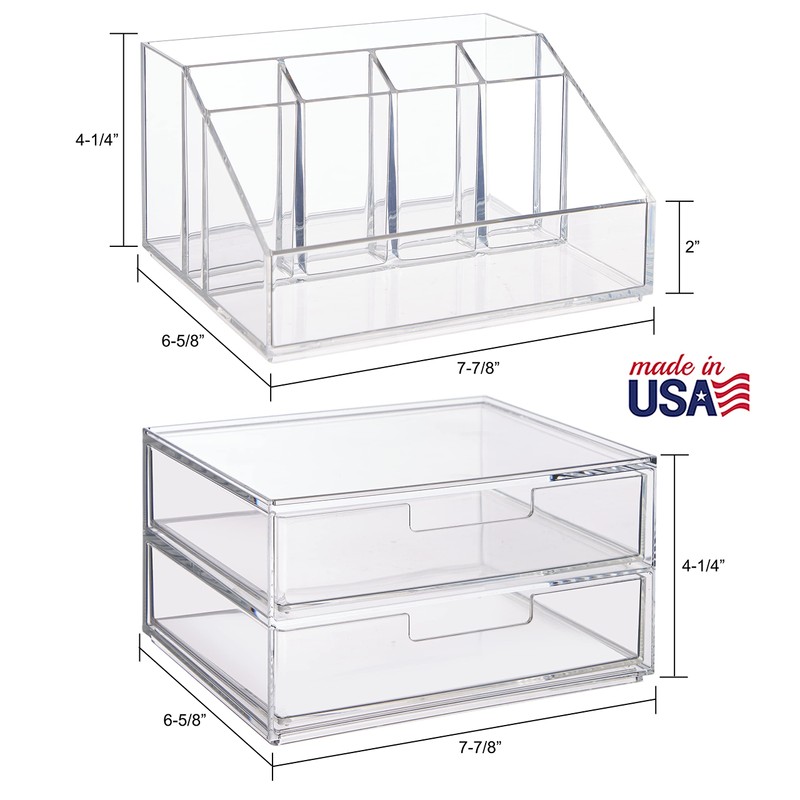 STORi Chloe Stackable Makeup Holder & Drawer Organizer Set, Clear,