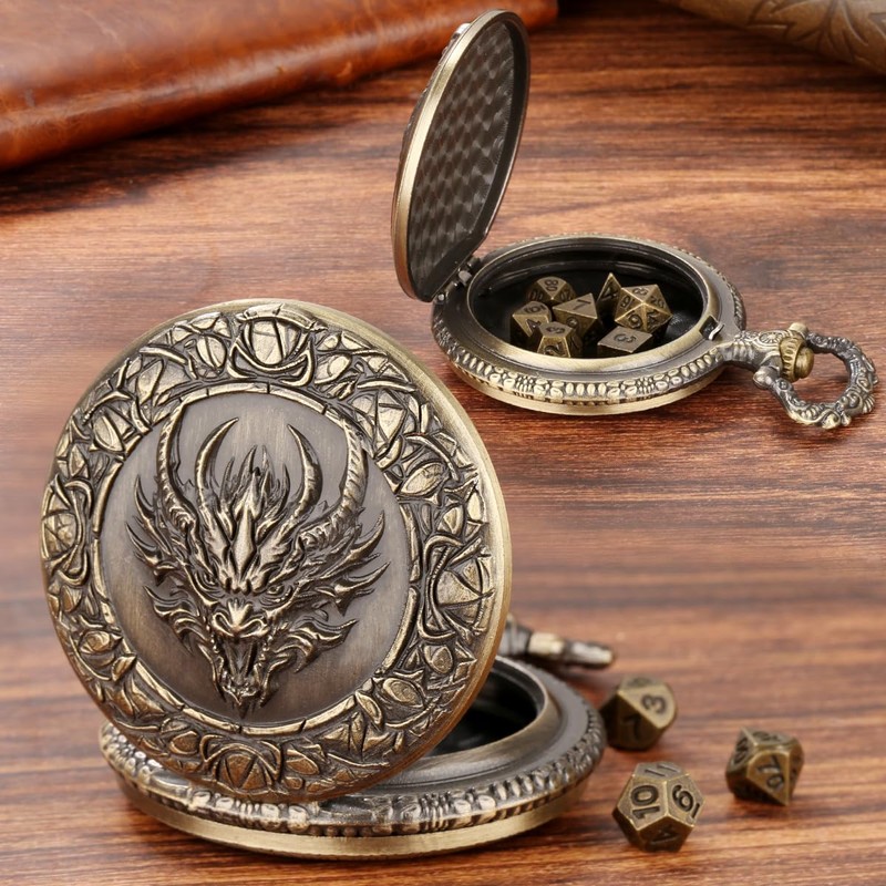 Mini DND Dice Set, with Steampunk Dragon Head Pocket Watch