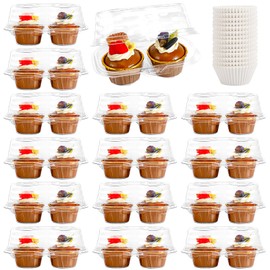 Cptoion 2 Compartment Cupcake Containers,50 Pcs 2 Cavity Cupcake Boxes,150 Pcs Mini Baking Cups,Stackable Deep Dome Cupcake Carrier Holder with Lid for Cupcakes Muffins Pies,BPA-Free