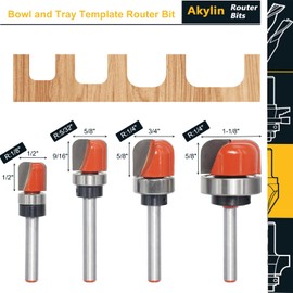 Akylin Dish Carving Router Bits, 1/4 Inch Shank Bowl and Tray Template Router Bit Set with Ball Bearing, Cutting Dia. 1/2",9/16",5/8" and 5/8",Wood Cutter Woodworking Tool