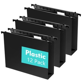 Ansook Extra Capacity Plastic Hanging File Folder,12 Pack Reinforced Hang Folders,Heavy Duty 2 Inch Expansion,Filing Cabinet Folders, Insertable Tabs,Letter Size,for Bulk Files, Medical Charts,Black