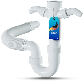 Lobenswerk Siphon for Kitchen Sink with Flexible Drain Hose - 100% Waterproof - Pipe Siphon with Two Device Connections + Connection Seals.