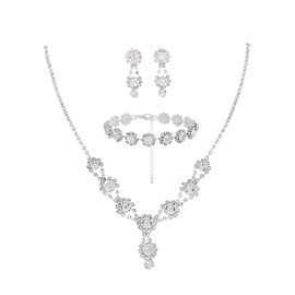 Urieo 3 PCS Rhinestone Flower Bridal Jewelry Sets Diamond Necklace Bangle Earrings Crystal Silver Women Jewelry Accessories Wedding Prom Party for Women Bride Bridesmaid