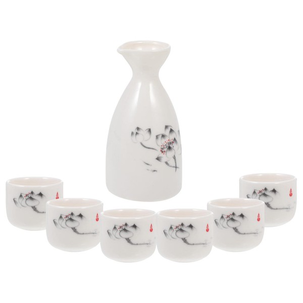 BESTonZON Set di sake giapponesi: 1 porzione caraffa 6 tazze con motivo loto per sake caldo o freddo