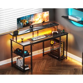 ODK 48 inch Computer Desk with Power Outlets & LED Lights, Gaming Desk with Monitor Stand & Storage Shelves, Home Office Desk, Carbon Fiber Black