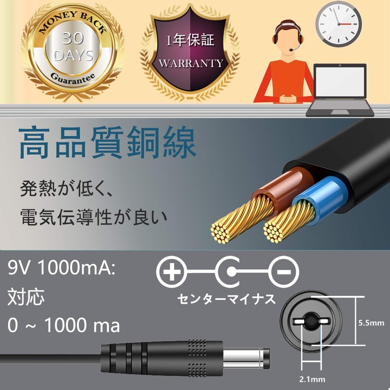 VHBW 9V 1A AC Adapter Center (-) 5.5*2.1mm PSE Certified