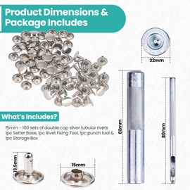 Trimming Shop 100 Set Leather Rivets Kit, 15mm Silver Double Cap Rivets Tubular Metal Studs with 3 Fixing Tools for DIY Leather Crafts Clothing Repair Bags Shoes Decoration