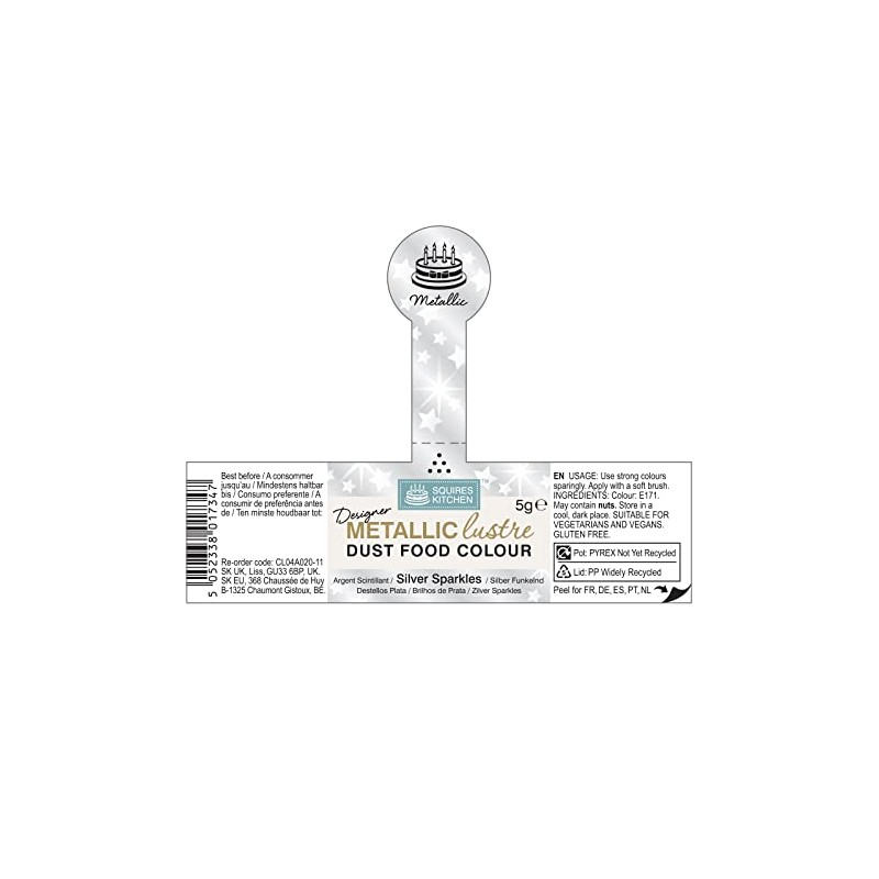 Squires Kitchen Designer Silver Sparkle Metallic Lustre Dust 5g
