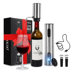 Moocoo Electric Wine Opener Gift Set, Automatic Electric Wine Bottle Corkscrew Opener Rechargeable with Foil Cutter, Automatic Aerator, 2 Vacuum Stoppers for Home Bar Outdoor Parties, Stainless Steel
