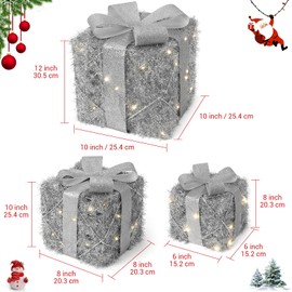 Lighted Gift Box Set of 3, Christmas Decoration Boxes with Bow, Pre-Lit Present Boxes with Warm Lights, Home Porch Indoor Outdoor Yard Christmas Decorations