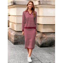 Glamaker Womens 2 Piece Skirt Sets Striped Sweater Dress Casual Polo Neck Long Sleeve Knit Dresses Winter Clothing Red White M
