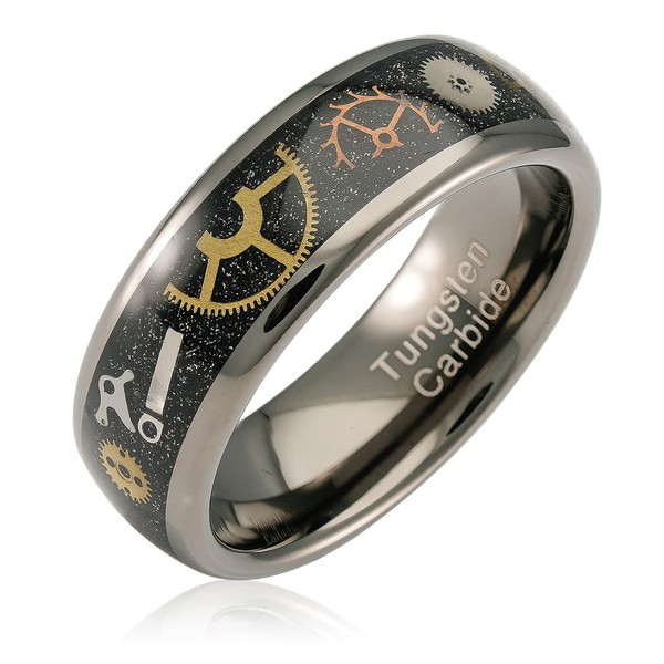 100S JEWELRY Gunmetal Gray Steampunk Rings For Men Gear Inlay
