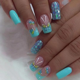 Medium Press on Nails Square Fake Nails with Butterfly & Hexagonal Pattern Designs Lake Green French Tip Nails Press ons Glossy Glue on Nails Nude Acrylic Stick on Nails for Women 24Pcs