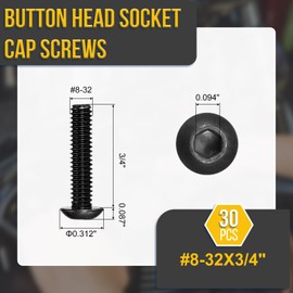 DTGN #8-32x3/4" Button Head Socket Cap Screws - 30Pack - Good for Road Bicycle, Mountain Bike, Auto, Motorcycle - Carbon Steel Black Oxide - Hex Socket Drive Fasteners
