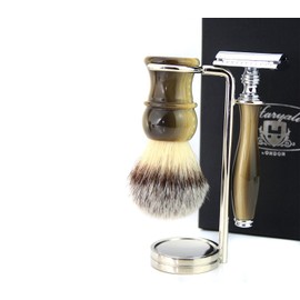 Vintage Style Luxury Shaving Gift Set for Men (Synthetic Hair Brush Horn Handle,3 Different Type of Razor to Choose Horn Handle & Stainless Steel(Chrome) Holder. (De Safety Razor)