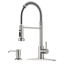 FORIOUS Kitchen Faucet with Soap Dispenser, Stainless Steel Kitchen Sink Faucet with Pull Down Sprayer Burhsed Nickel Single Handle Modern Spring Commercial for Laundry Room RV Camp Bar Farmhouse
