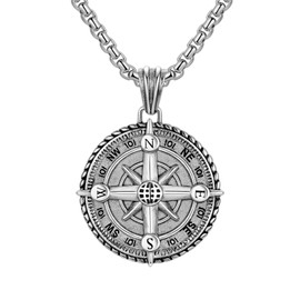Compass Pendant for Men 925 Sterling Sliver Travel Friendship Pendant Vintage Talisman Inspirational Fathers Gifts Jewelry for Men Women with Stainess Pearl Chain 22+2 inch(60cm)
