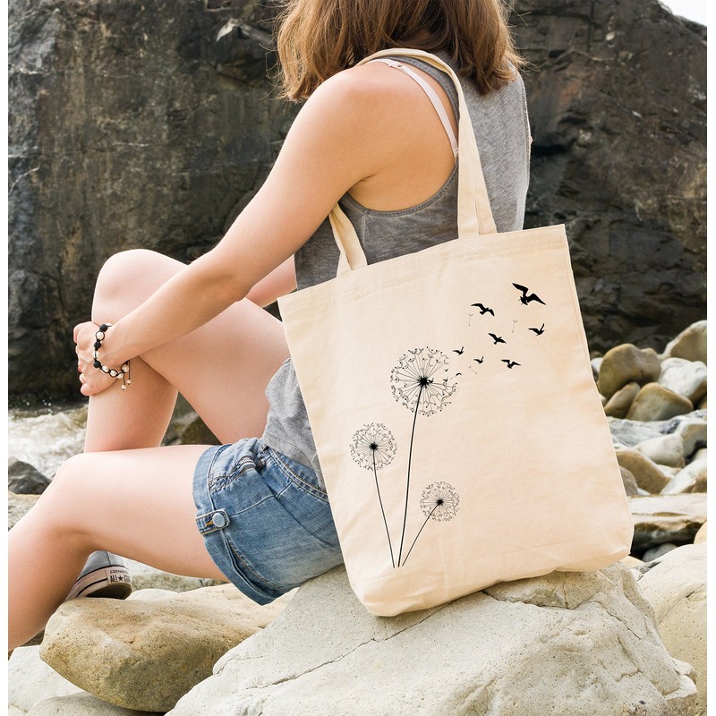 Autiga® Shopping Bag Dandelion Birds Jute Bag Natural 2 Long