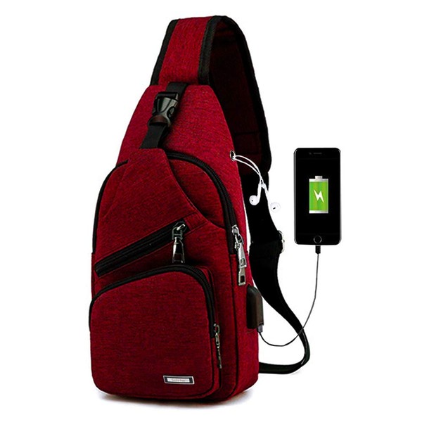 Men Women Sling Backpack Anti Theft Crossbody Shoulder Chest Bag with USB Charging Port Wine Red