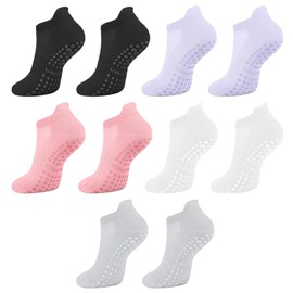 5 Pairs Pilates Yoga Grip Socks, Women Non Slip Grip Socks for Hospital, Dance(SIZE:Black+light gray+white+leather pink+dark purple)