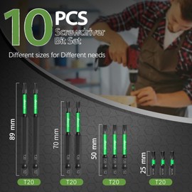 Litorange Pack of 10 T20 Bits, Torx Long Bits Set (25 mm/50 mm/70 mm/89 mm) with Strong Magnetic Head, 1/4 Inch Hex Shank Torx Bit Set for Impact Wrench, Phosphide Black Cordless Screwdriver