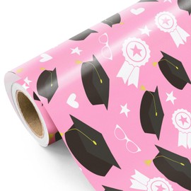 WRAPAHOLIC Graduation Wrapping Paper Roll - Mini Roll - 17 Inch x 16.5 Feet - Pink Graduation Trencher Cap Wrapping Paper Perfect for Party, Celebration