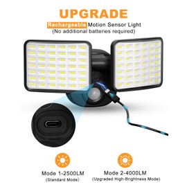 Rechargeable Motion Sensor Light, 2500LM&4000LM Dual Modes Rechargeable Outdoor Lights, USB Charging Outdoor Battery Powered Light, LED Flood Lights Motion Light for Garage, Yard, Garden (2 Packs)