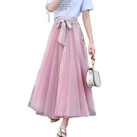 Femiserah Women's Long Rainbow A Line Tulle Tutu Skirts Tiered Skirt Petticoat（One Size, Lace Pink