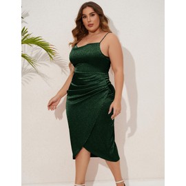 ZOMVA 2024 Plus Size Sparkle Sequin Dress Glitter Ruched Spaghetti Strap Midi Dress Party Club Homecoming, Sparkly Green, XL