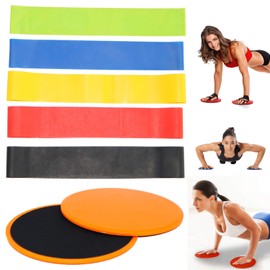 Yizemay Sport Dual Sided Gliding Discs, Resistance Band 5pcs + Portable Exercise Core Sliders Orange for Abdominal Workouts, Yoga, Pilates, Gym, Home, Travel