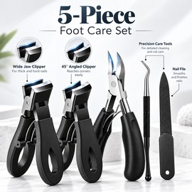 5-Piece Stainless Steel Toenail Clipper Set – Wide Jaw & 45° Angled Nail Nippers with Nail File and Cuticle Tools for Thick Toenails