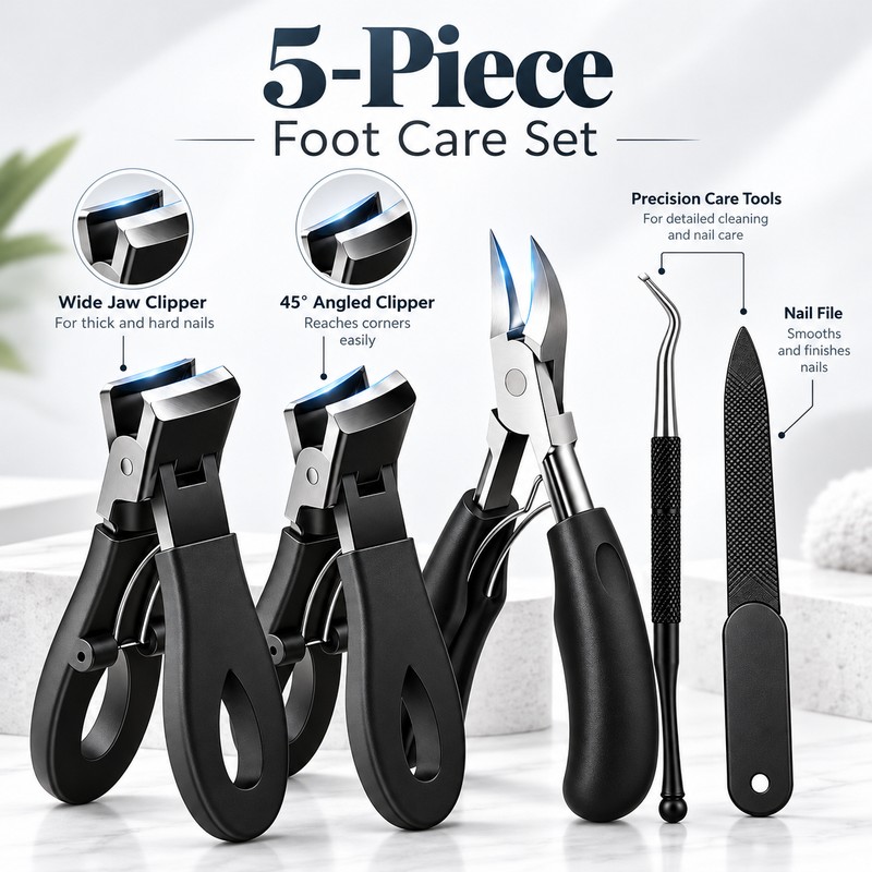 5-Piece Stainless Steel Toenail Clipper Set – Wide Jaw &