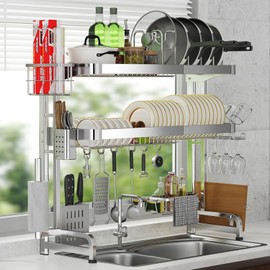 Over The Sink Dish Drainer Drying Rack, Full Stainless Steel 3-Tier Adjustable Length Over Sink Dish Drying Rack, Large Capacity Dish Rack Over Sink for Kitchen Counter, Pots & Pans Rack