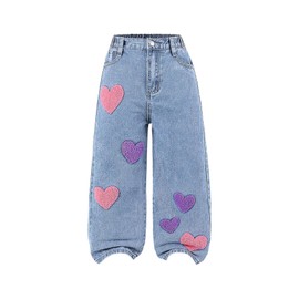 SOLY HUX Toddler Girl's Cute Heart Embroidery Jeans High Elastic Waist Wide Leg Denim Pants Light Blue Heart 6Y
