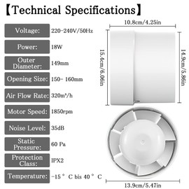 HENGBIRD Pipe Fan, 100 mm/150 mm, Exhaust Fan, Flue Duct Fan, 130 m³-320 m³/h Inline Pipe Fan, Quiet for Home, Kitchen, Toilet, Attics, Greenhouse (Diameter 15 cm)
