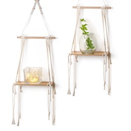 CIOUYAOS Floating Shelves Wall Decor, Decorative Home Accessories Boho Macrame Rope Wooden Art Rustic Mounted White Small Hanging Shelf for Living Room Bedroom Nursery Home House Kitchen (Quadrangle)