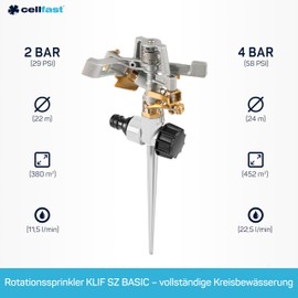 Cellfast Basic Pulsation Sprinkler for Irrigation of Areas up to 530 m², Full Metal Lawn Sprinkler, 360° Circular Sprinkler, 52-303