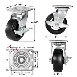 NINOSO Caster Wheels, 5" Heavy Duty Industrial Casters Set of 4 with Load 3200lbs Capacity, Wheels for Trash/Garbage Can,Toolbox,Dolly (5 INCH, 2 Brake & 2 Rigid)