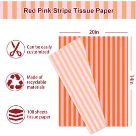 JarThenaAMCS 100 Sheets Striped Tissue Paper Pink Orange Stripe Gift Wrapping Paper Decorative Art Tissue for Wedding Bridal Baby Shower Birthday Summer Party DIY Crafts, 14 x 20 Inch