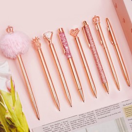 WEMATE 8Pcs Ballpoint Pens Set Metal Crystal Diamond Pen Glitter for Journaling Pen Bling in Black & Blue Ink Pretty Cute Pens Fancy Pens Mother's Day Gifts for Women Wedding School Office (Rose Gold)