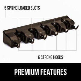 Gorilla Grip Wall Mount Hook Fixture, Also Includes Slots to Hold Mop, Broom, Tools, Easy Install, Organize Cleaners, Tools, Home, Kitchen, Garage, 6 Hooks 5 Slots, Brown