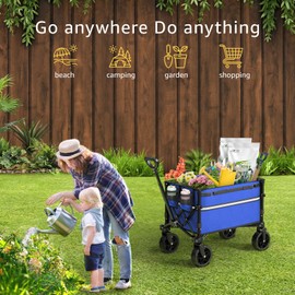 ROSONG Collapsible Wagon Cart with Wheels Foldable - Folding Utility Heavy Duty Wagons Carts for Grocery Sports Garden Shopping Camping Wheelbarrows (Blue, 120L)